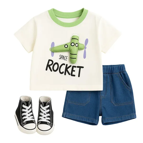White_Trendy_&_Comfortable_Space_Rocket_Denim_Shorts_Set_For_Boys