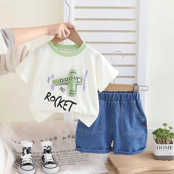 White_Trendy_&_Comfortable_Space_Rocket_Denim_Shorts_Set_For_Boys
