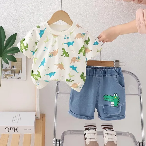 White_Trendy_&_Comfortable_Dinosaur_Denim_Short_Set_For_Boys