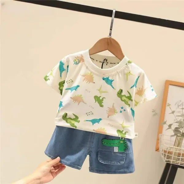 White_Trendy_&_Comfortable_Dinosaur_Denim_Short_Set_For_Boys