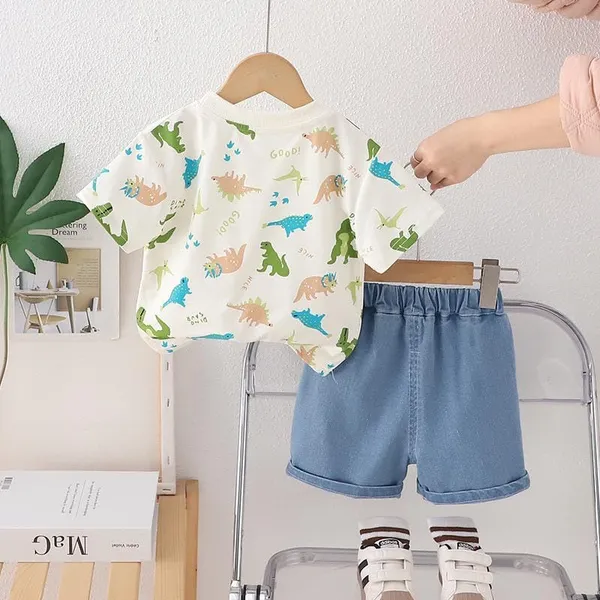White_Trendy_&_Comfortable_Dinosaur_Denim_Short_Set_For_Boys