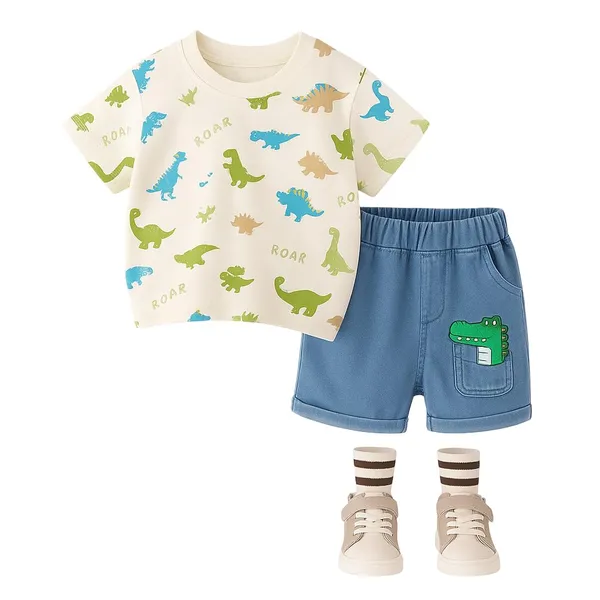 White_Trendy_&_Comfortable_Dinosaur_Denim_Short_Set_For_Boys