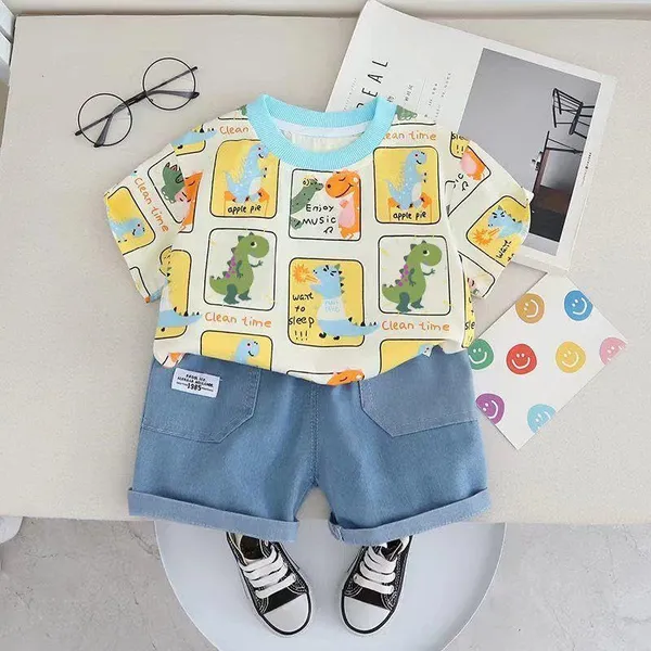 White_Trendy_&_Comfortable_Dinosaur_T-Shirt_Denim_Set_For_Boys