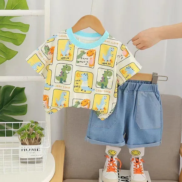 White_Trendy_&_Comfortable_Dinosaur_T-Shirt_Denim_Set_For_Boys