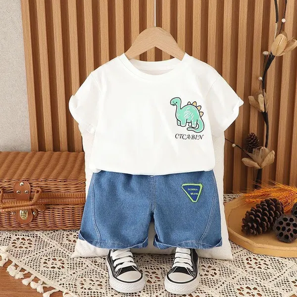 White_Trendy_&_Comfortable_Dinosaur_T-Shirt_Denim_Set_For_Boys