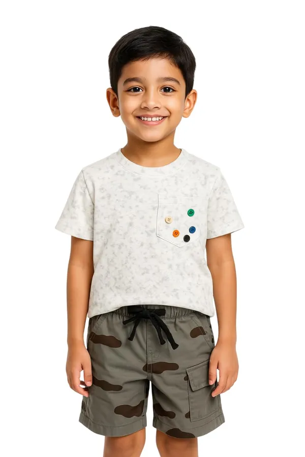 White_Trendy_&_Comfortable_Button_Pocket_Tee_&_Camo_Shorts_Set_For_Boys