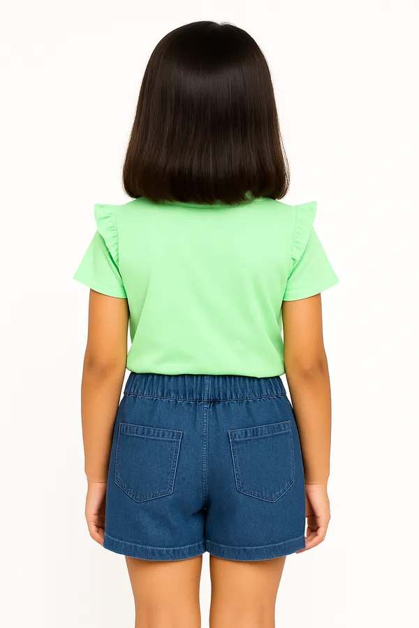 Green_Trendy_&_Comfortable_Love-Stack_Ruffle-Sleeve_Tee_&_Heart-Pocket_Denim_Shorts_For_Girls