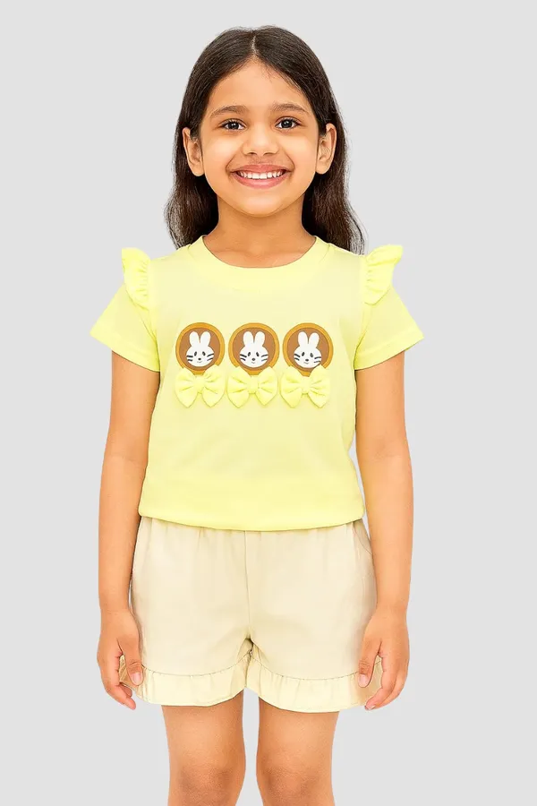 Yellow_Trendy_&_Comfortable_Bunny_Print_Top_&_Shorts_Set_For_Girls