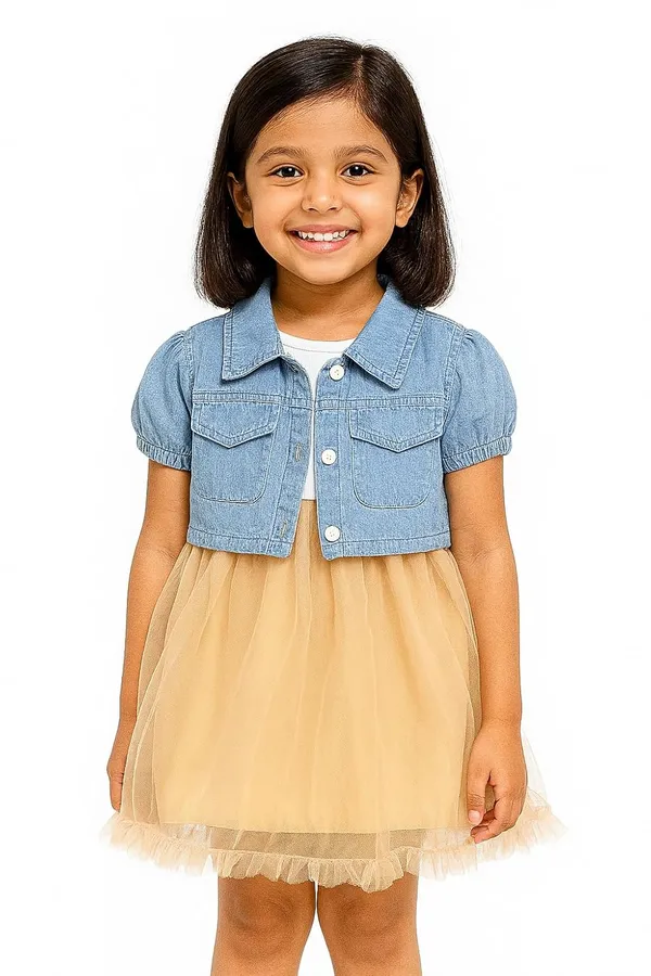 Brown_Trendy_&_Comfortable_Denim_Daydream_Cropped_Jacket_&_Tulle_Dress_Set_For_Girls