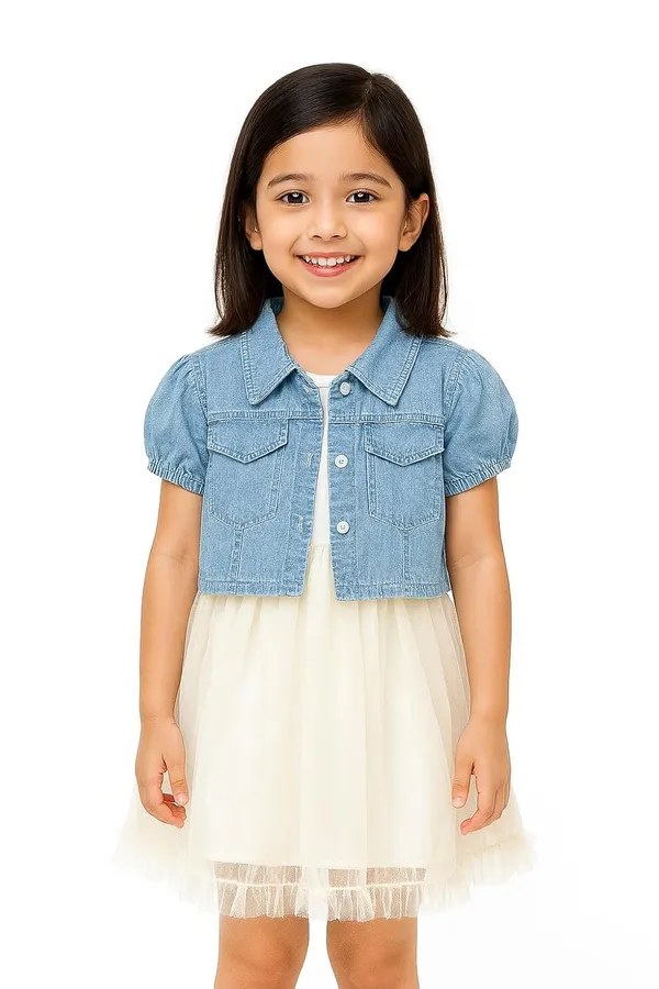 Cream_Trendy_&_Comfortable_Denim_Daydream_Cropped_Jacket_&_Tulle_Dress_Set_For_Girls