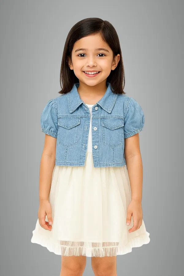 Cream_Trendy_&_Comfortable_Denim_Daydream_Cropped_Jacket_&_Tulle_Dress_Set_For_Girls