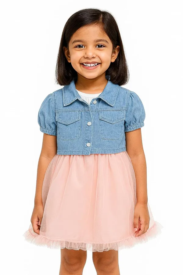 Pink_Trendy_&_Comfortable_Denim_Daydream_Cropped_Jacket_&_Tulle_Dress_Set_For_Girls