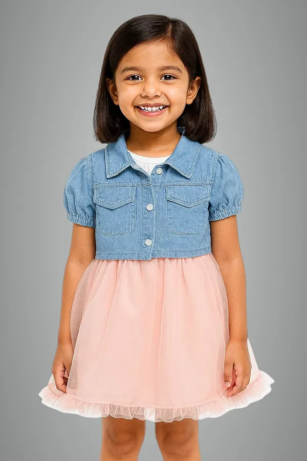 Pink_Trendy_&_Comfortable_Denim_Daydream_Cropped_Jacket_&_Tulle_Dress_Set_For_Girls