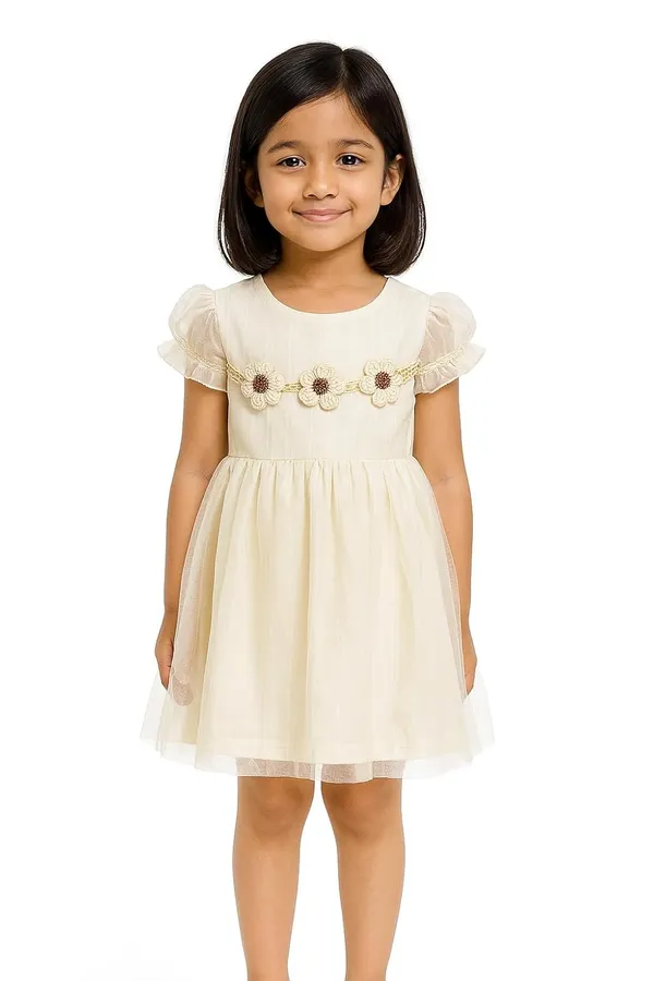 Cream_Trendy_&_Comfortable_Daisy_Garland_Flutter-Sleeve_Tulle_Party_Dress_For_Girls