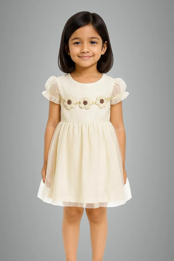 Cream_Trendy_&_Comfortable_Daisy_Garland_Flutter-Sleeve_Tulle_Party_Dress_For_Girls