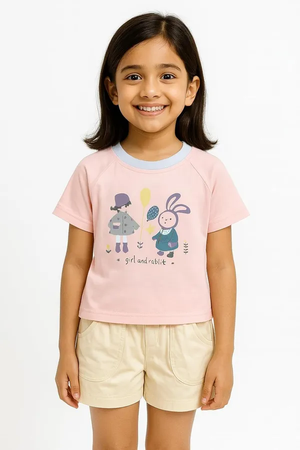Brown_Trendy_&_Comfortable_Cute_Girl_&_Rabbit_Graphic_Tee_&_Shorts_Set_For_Girls