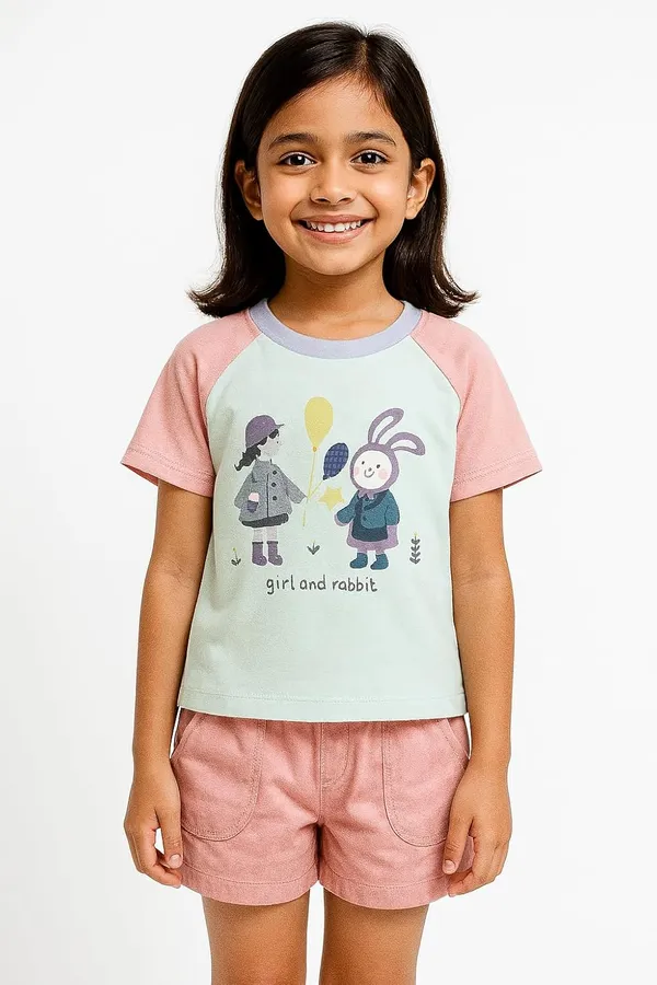 Pink_Trendy_&_Comfortable_Cute_Girl_&_Rabbit_Graphic_Tee_&_Shorts_Set_For_Girls