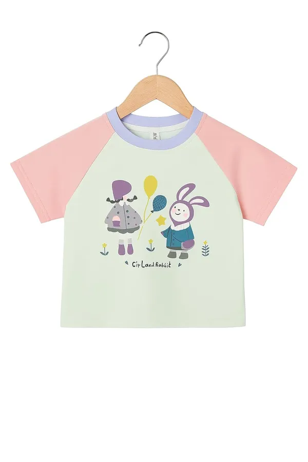 Pink_Trendy_&_Comfortable_Cute_Girl_&_Rabbit_Graphic_Tee_&_Shorts_Set_For_Girls