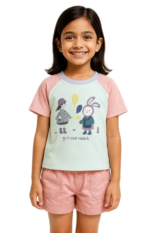 Pink_Trendy_&_Comfortable_Cute_Girl_&_Rabbit_Graphic_Tee_&_Shorts_Set_For_Girls