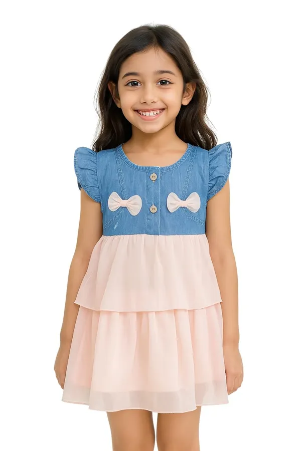 Pink_Trendy_&_Comfortable_Adorable_Tiered_Dress_Features_A_Denim-Style_Bodice_Adorned_With_Delicate_Bows_For_Girls