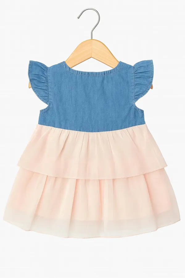 Pink_Trendy_&_Comfortable_Adorable_Tiered_Dress_Features_A_Denim-Style_Bodice_Adorned_With_Delicate_Bows_For_Girls