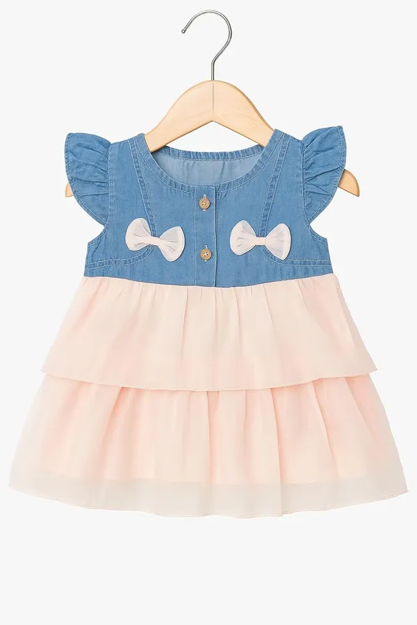 Pink_Trendy_&_Comfortable_Adorable_Tiered_Dress_Features_A_Denim-Style_Bodice_Adorned_With_Delicate_Bows_For_Girls