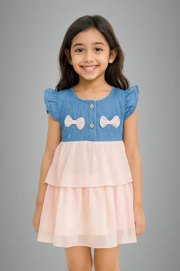 Pink_Trendy_&_Comfortable_Adorable_Tiered_Dress_Features_A_Denim-Style_Bodice_Adorned_With_Delicate_Bows_For_Girls