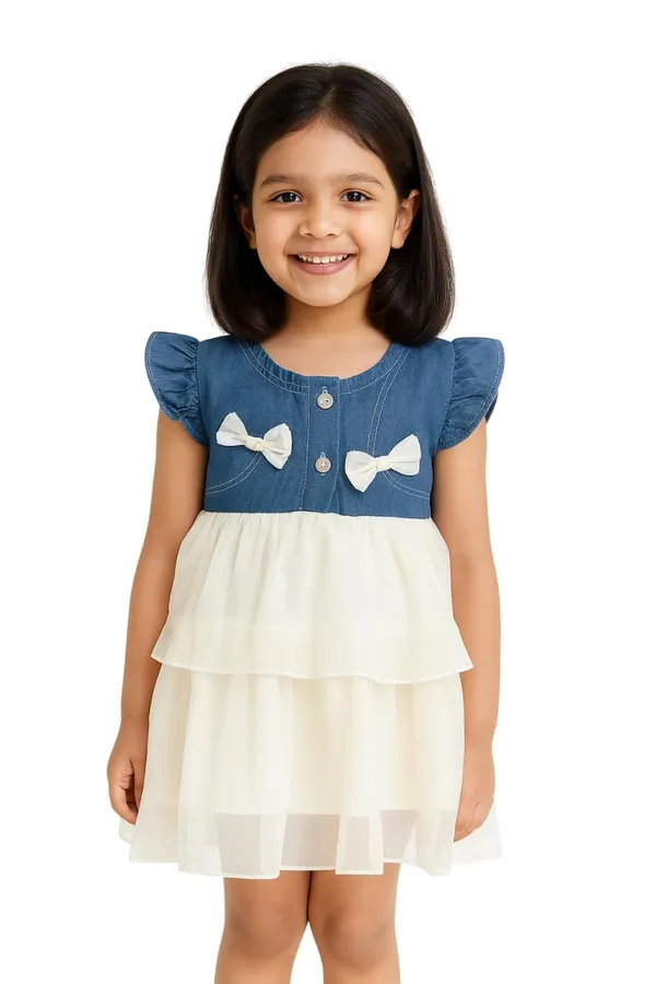 White_Trendy_&_Comfortable_Adorable_Tiered_Dress_Features_A_Denim-Style_Bodice_Adorned_With_Delicate_Bows_For_Girls