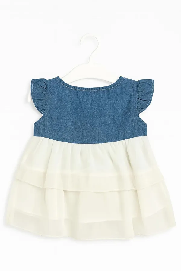 White_Trendy_&_Comfortable_Adorable_Tiered_Dress_Features_A_Denim-Style_Bodice_Adorned_With_Delicate_Bows_For_Girls