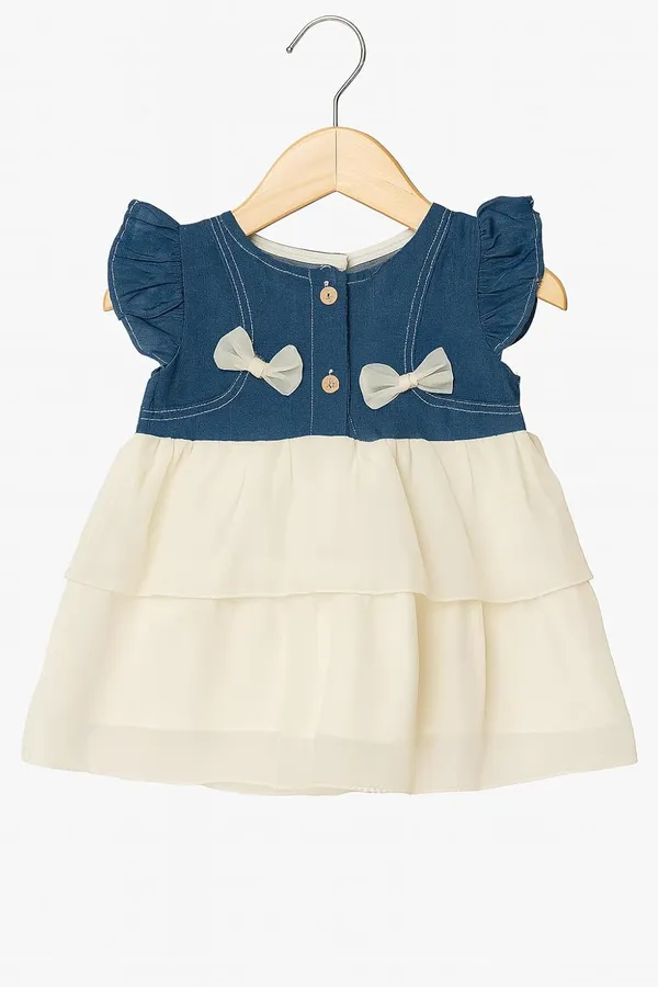 White_Trendy_&_Comfortable_Adorable_Tiered_Dress_Features_A_Denim-Style_Bodice_Adorned_With_Delicate_Bows_For_Girls