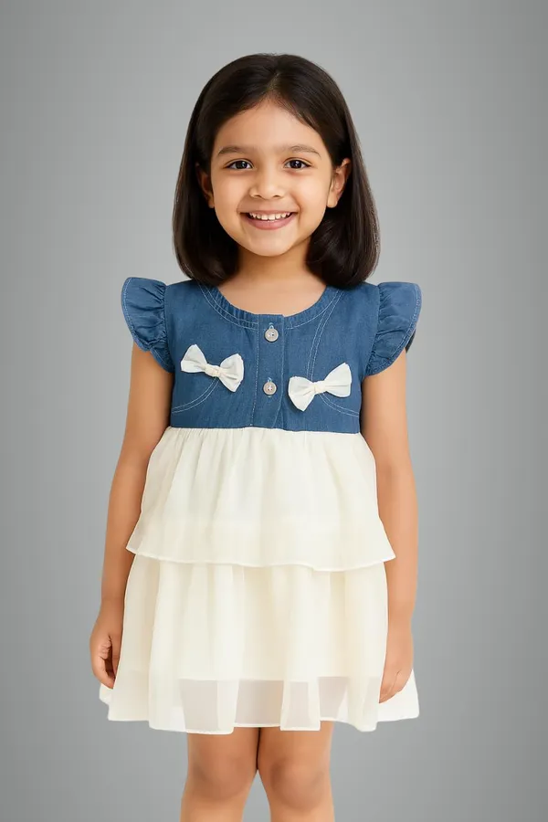 White_Trendy_&_Comfortable_Adorable_Tiered_Dress_Features_A_Denim-Style_Bodice_Adorned_With_Delicate_Bows_For_Girls