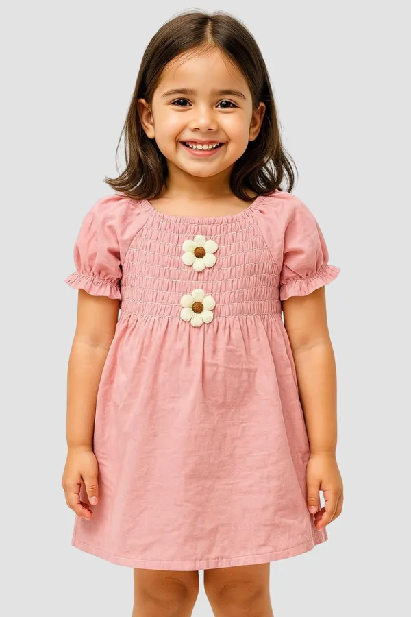 Pink_Trendy_&_Comfortable_Cheerful_Smocked_Top_With_Daisy_Detail_Dress_For_Girls