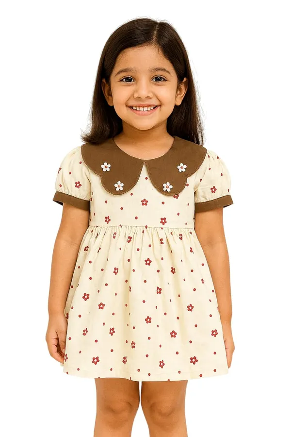 Brown_Trendy_&_Comfortable_Cocoa_Daisy_Scallop-Collar_Floral_Dress_For_Girls