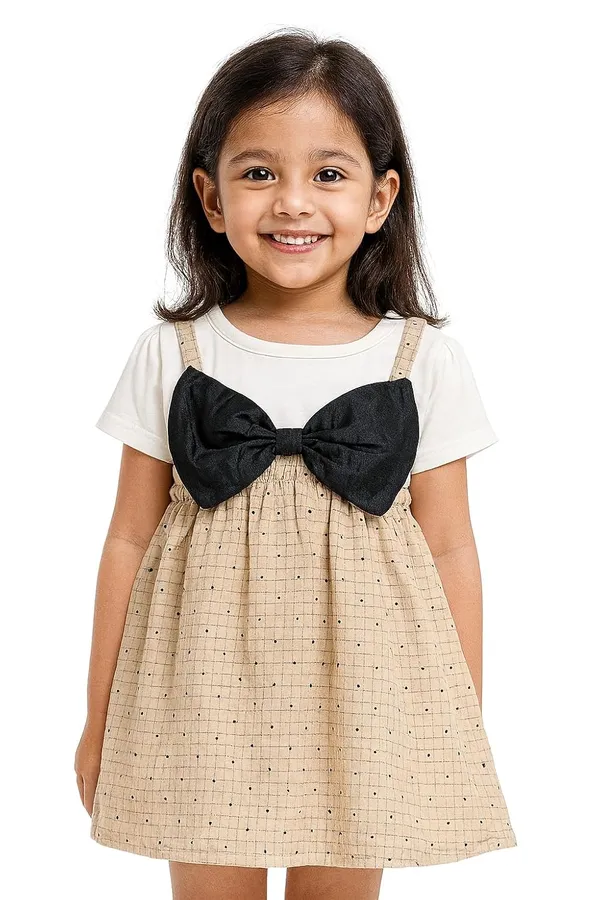 Brown_Trendy_&_Comfortable_Spotlight_Bow_Polka-Dot_Pinafore_Set_For_Girls