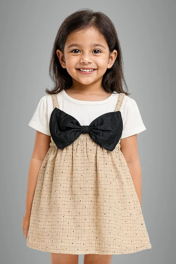 Brown_Trendy_&_Comfortable_Spotlight_Bow_Polka-Dot_Pinafore_Set_For_Girls