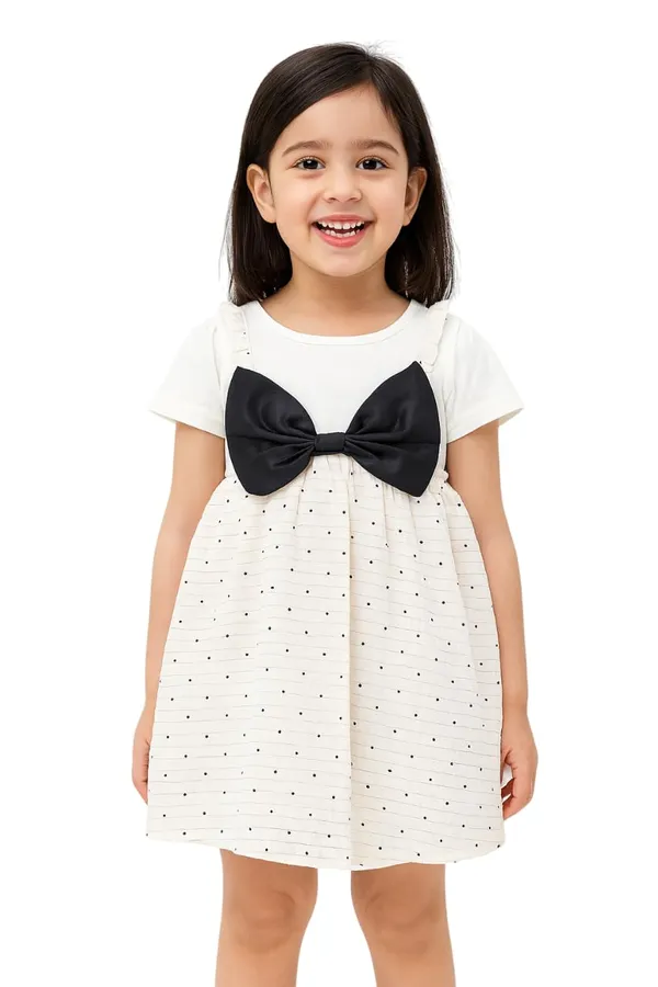 White_Trendy_&_Comfortable_Spotlight_Bow_Polka-Dot_Pinafore_Set_For_Girls