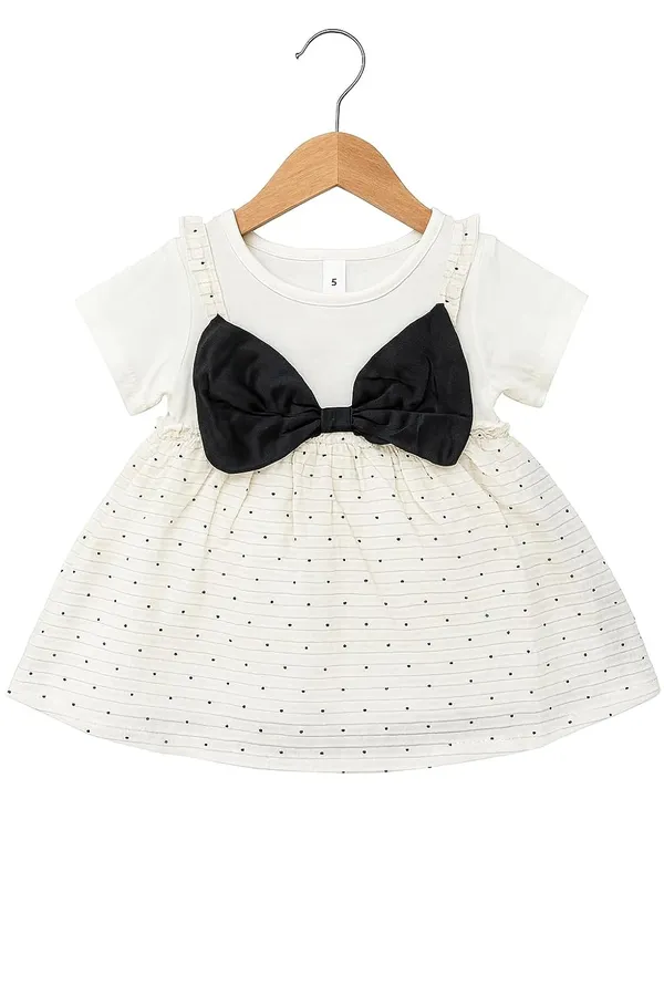 White_Trendy_&_Comfortable_Spotlight_Bow_Polka-Dot_Pinafore_Set_For_Girls