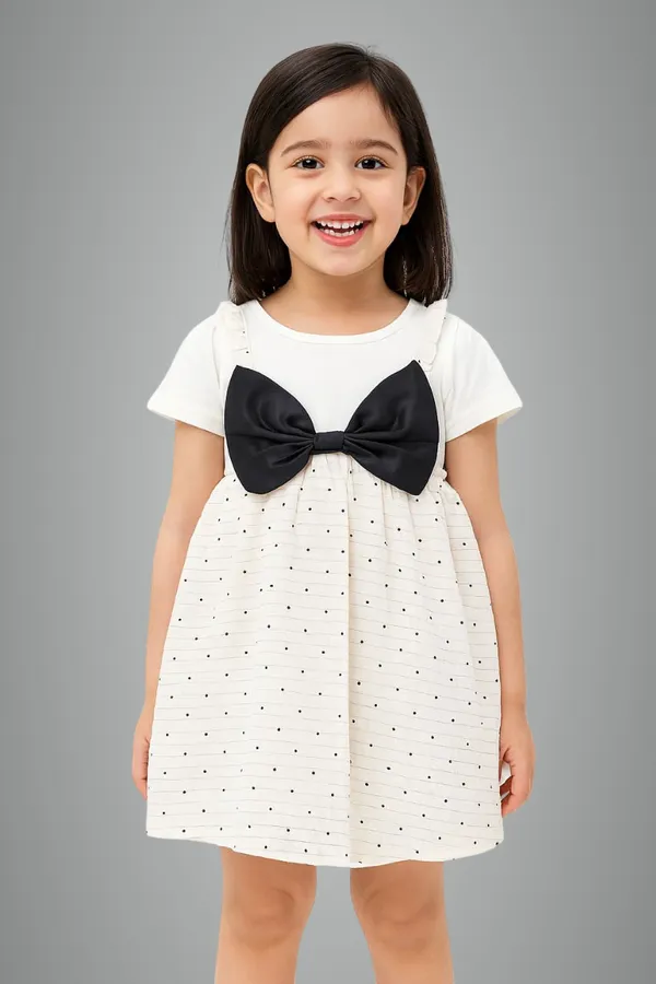 White_Trendy_&_Comfortable_Spotlight_Bow_Polka-Dot_Pinafore_Set_For_Girls
