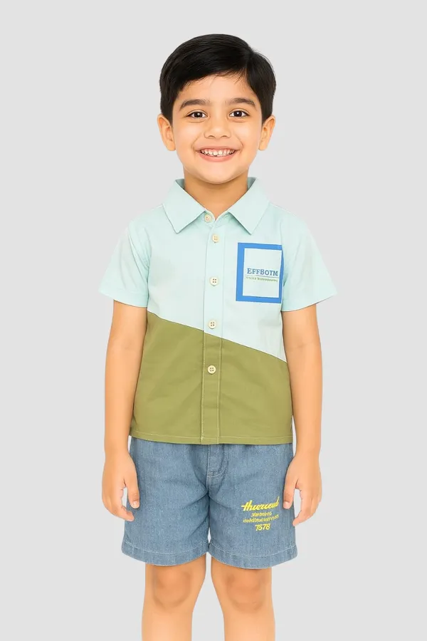 Light_Blue_Trendy_&_Comfortable_Color-Block_Cotton_Shirt_&_Denim_Shorts_Set_For_Boys