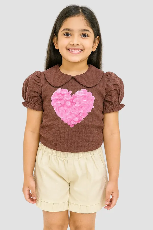 Brown_Trendy_&_Comfortable_Puff_Sleeve_Heart_Top_&_Ruffle_Shorts_Set_For_Girls