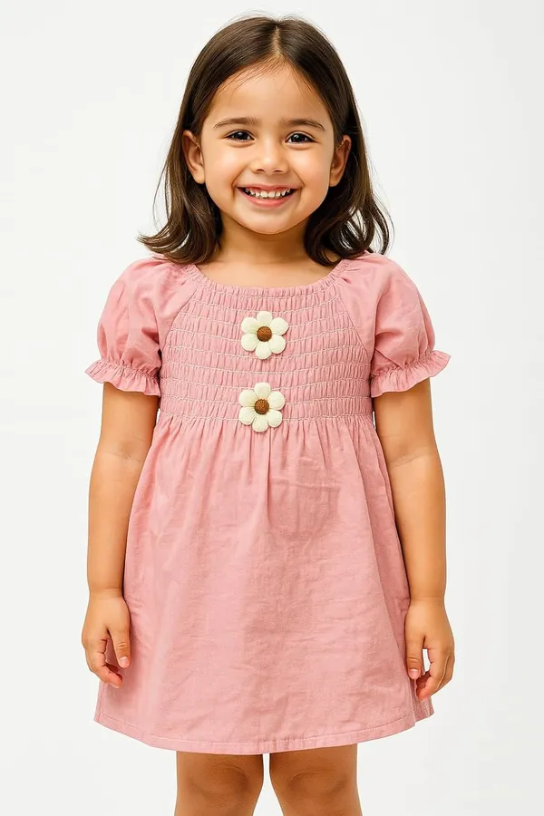 Pink_Trendy_&_Comfortable_Cheerful_Smocked_Top_With_Daisy_Detail_Dress_For_Girls