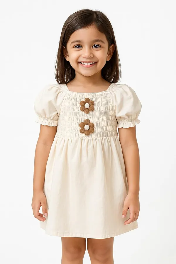 White_Trendy_&_Comfortable_Cheerful_Smocked_Top_With_Daisy_Detail_Dress_For_Girls