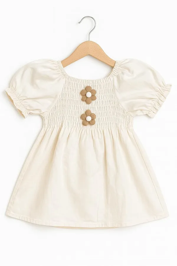 White_Trendy_&_Comfortable_Cheerful_Smocked_Top_With_Daisy_Detail_Dress_For_Girls