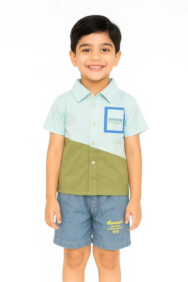 Light_Blue_Trendy_&_Comfortable_Color-Block_Cotton_Shirt_&_Denim_Shorts_Set_For_Boys