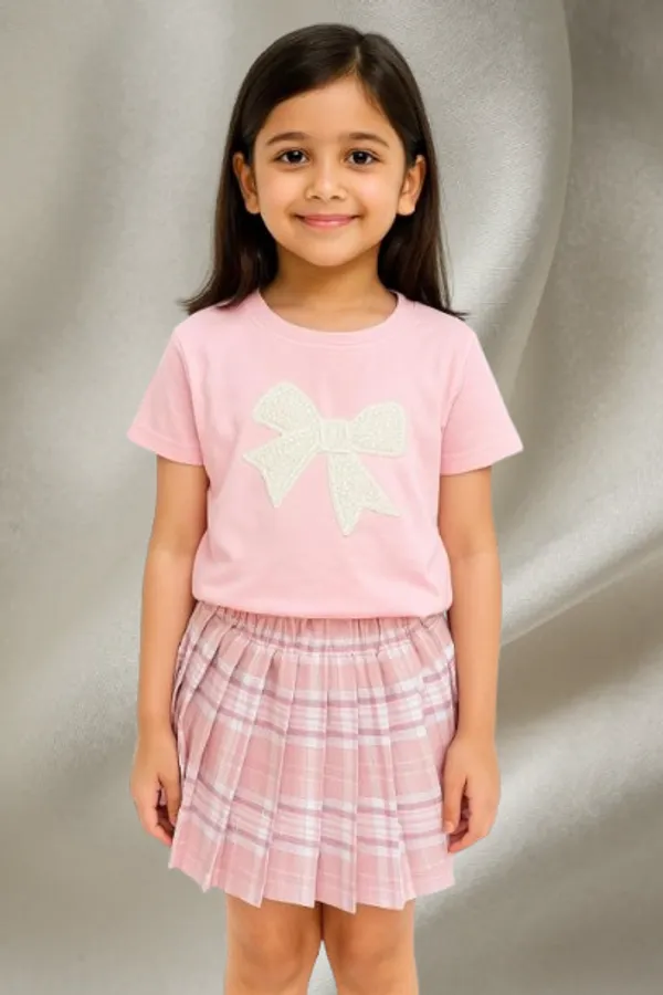 Pink_Trendy_&_Comfortable_Pearl_Bow_Twirl_Skirt_And_T-Shirt_Set_For_Girls
