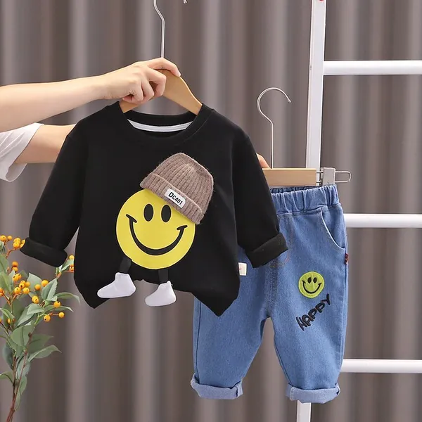 POP_STREET_KIDS_Cotton_Knit_Full_Sleeves_Smiley_Printed_Light_Winter_Sweatshirt_With_Denim_Pants_Set_-_Black