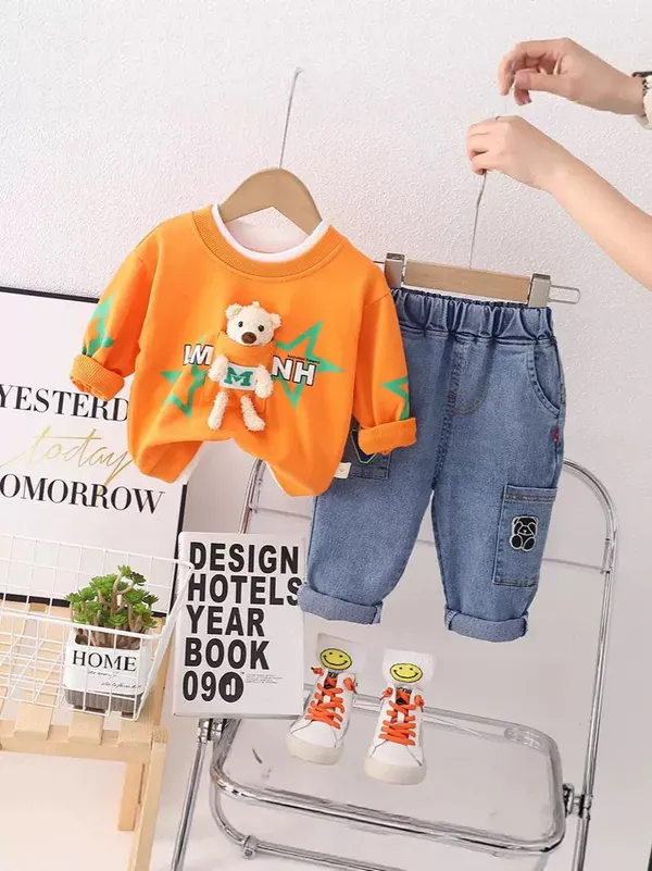 POP_STREET_KIDS_Cotton_Knit_Full_Sleeves_Teddy_Printed_Light_Winter_Sweatshirt_With_Denim_Pants_Set_-_Orange