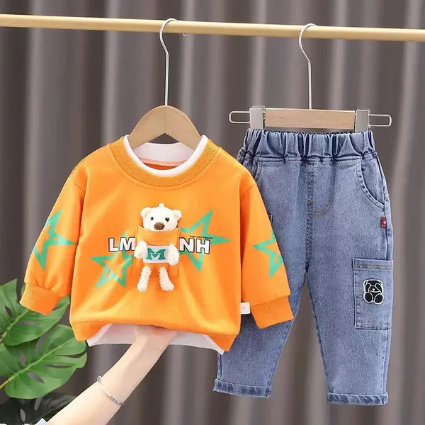 POP_STREET_KIDS_Cotton_Knit_Full_Sleeves_Teddy_Printed_Light_Winter_Sweatshirt_With_Denim_Pants_Set_-_Orange