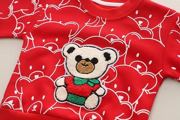 POP_STREET_KIDS_Cotton_Knit_Full_Sleeves_Teddy_Printed_Light_Winter_Sweatshirt_With_Denim_Pants_Set_-_Red