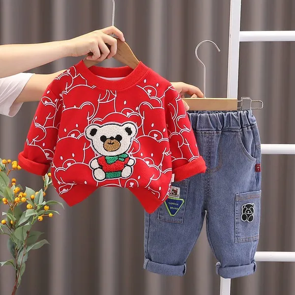 POP_STREET_KIDS_Cotton_Knit_Full_Sleeves_Teddy_Printed_Light_Winter_Sweatshirt_With_Denim_Pants_Set_-_Red